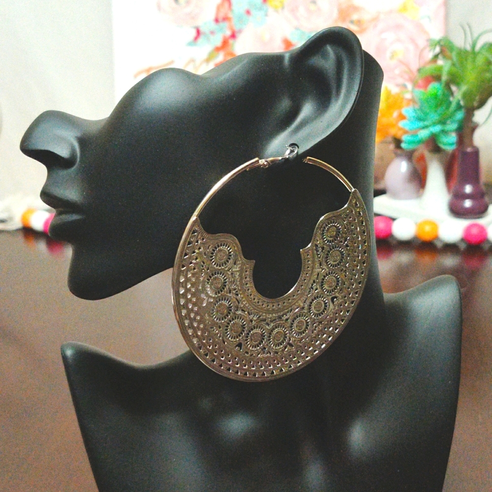 🆕 Natasha Silver Filigree Large Hoop Earrings